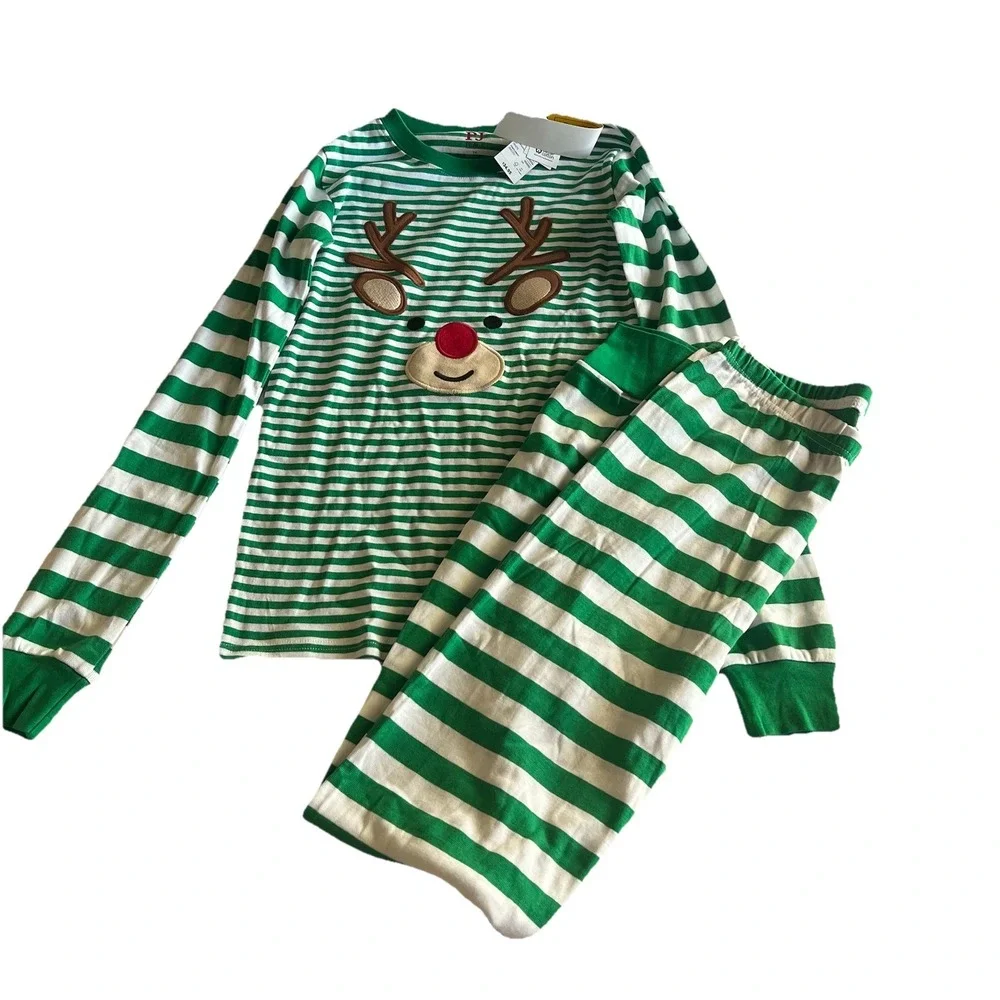 The‎ Childrens Place Snug Fit Reindeer Pajamas Green Striped Holiday Unisex 14